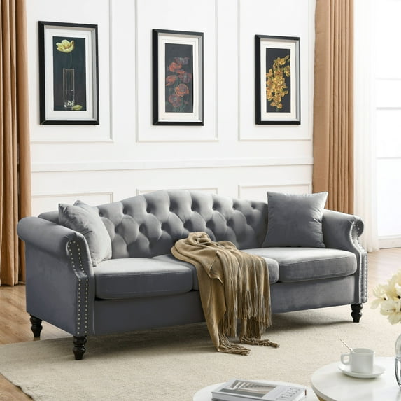 79"Classic Velvet Chesterfield Sofa, 3-Seater Sofa Tufted Couch with Rolled Arms and Nail Head, Low Back Tufted Couch for Living Room Apartments Office, Grey