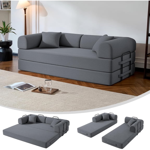 79” Compressed Sofa, 6-in-1 Convertible Sofa Bed, Corduroy Compression Boneless Couch in a Box, Comfy Modular Foldable Floor Sleeper Sofa for Bedroom, Living Room (Dark Gray)