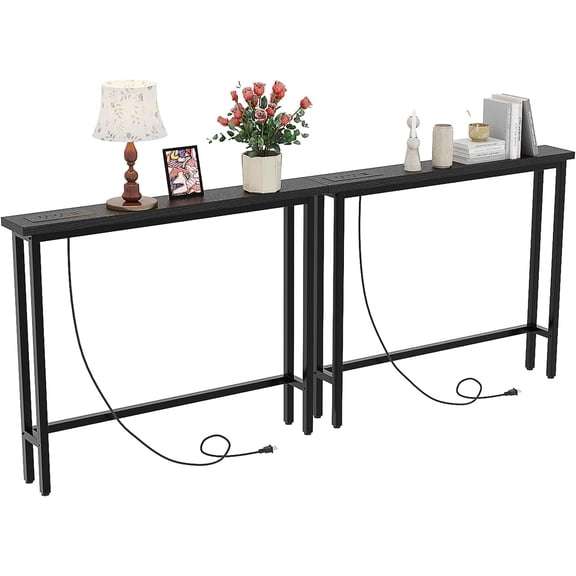 79" Console Table with Power Outlet, Narrow Sofa Table 2 Pack, Black | Entryway Table with Charging Station & 4.9 Ft Extension Cord & Adjustable Feet, behind Couch Table for Living Room, Hallway