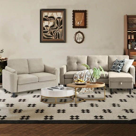 79" Convertible Sectional Sofa Set, Modern Linen Small L Shaped Couch with Reversible Chaise and Loveseat Sofa, 3-Seat Sofa Couches for Living Room, Office, Apartment, Beige