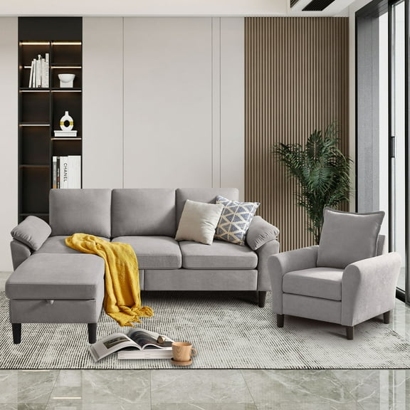 79" Convertible Sectional Sofa Set, Modern Linen Small L Shaped Couch with Reversible Chaise and Loveseat Sofa, 3-Seat Sofa Couches for Living Room, Office, Apartment, Lightgrey