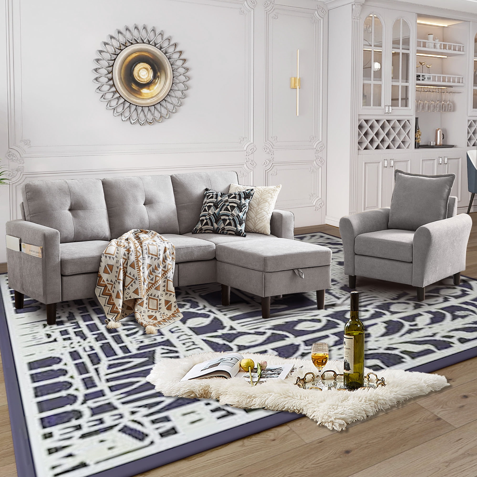 79" Convertible Sectional Sofa Set, Modern Linen Small L Shaped Couch with Reversible Chaise and Loveseat Sofa, 3-Seat Sofa Couches for Living Room, Office, Apartment, Lightgrey