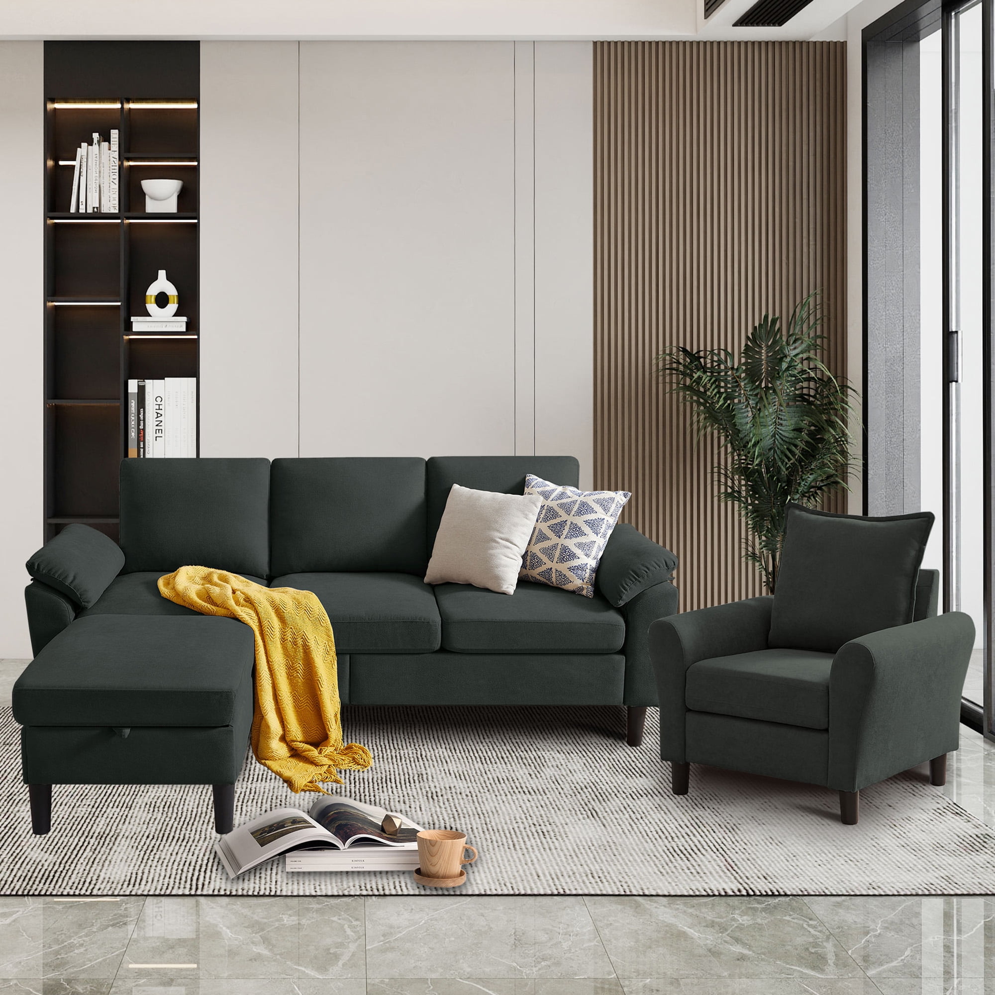 79" Convertible Sectional Sofa Set, Modern Linen Small L Shaped Couch with Reversible Chaise and Loveseat Sofa, 3-Seat Sofa Couches for Living Room, Office, Apartment, Beige