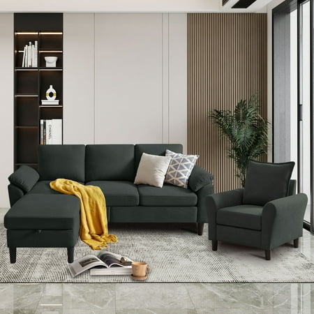 79" Convertible Sectional Sofa Set, Modern Linen Small L Shaped Couch with Reversible Chaise and Loveseat Sofa, 3-Seat Sofa Couches for Living Room, Office, Apartment, Beige