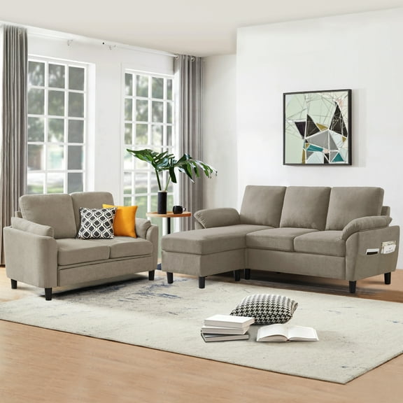 79" Convertible Sectional Sofa Set, Modern Linen Small L Shaped Couch with Reversible Chaise and Loveseat Sofa, 3-Seat Sofa Couches for Living Room, Office, Apartment, Beige