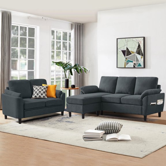 79" Convertible Sectional Sofa Set, Modern Linen Small L Shaped Couch with Reversible Chaise and Loveseat Sofa, 3-Seat Sofa Couches for Living Room, Office, Apartment, DARKGREY