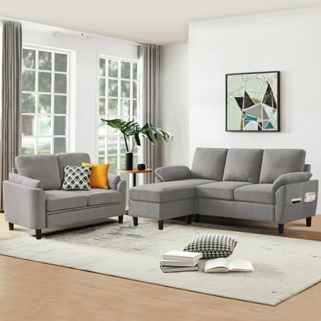 79" Convertible Sectional Sofa Set, Modern Linen Small L Shaped Couch with Reversible Chaise and Loveseat Sofa, 3-Seat Sofa Couches for Living Room, Office, Apartment, Lightgrey