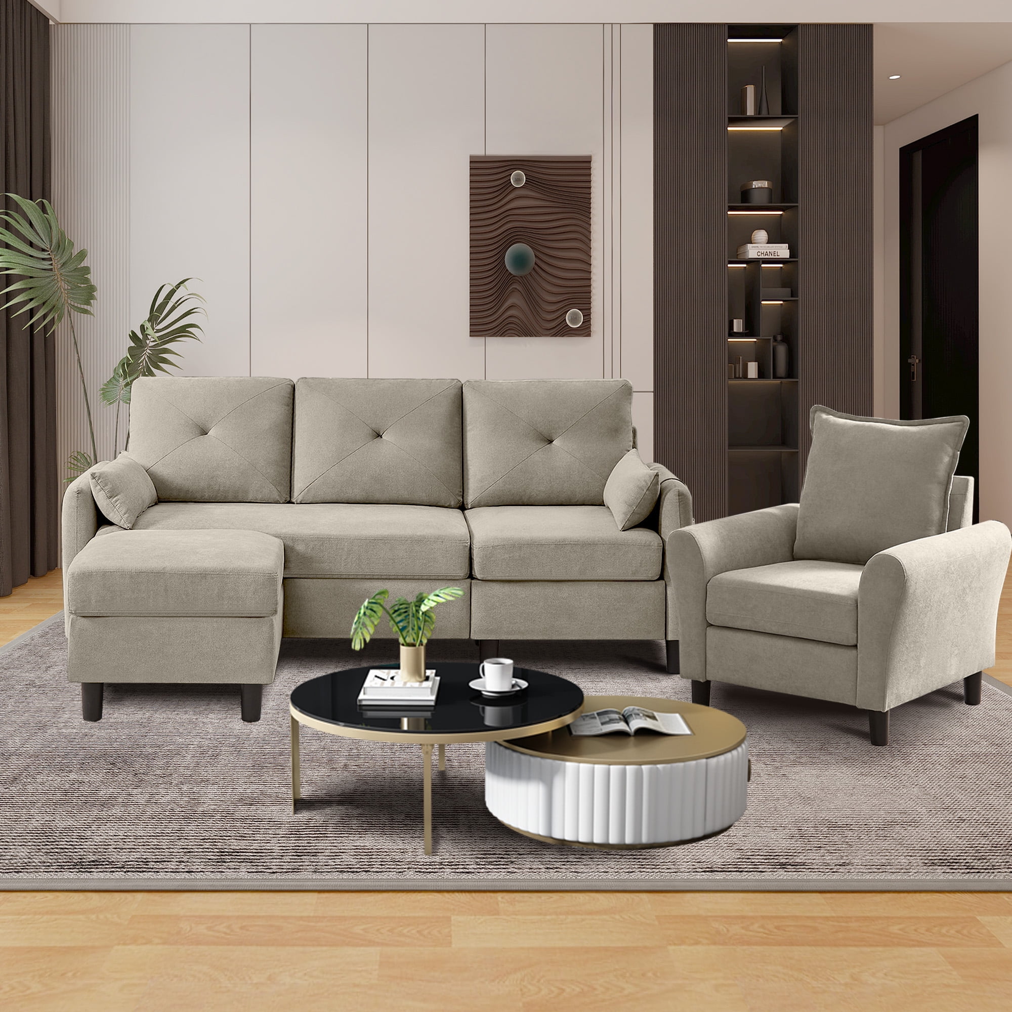 Walmart Deals of Walmart Black Friday Deals 2025 79" Convertible Sectional Sofa Set, Small L Shaped 3-Seat Couch with Reversible Chaise and Accent Chair, Modern Linen Sofas Couches for Living Room, Beige
