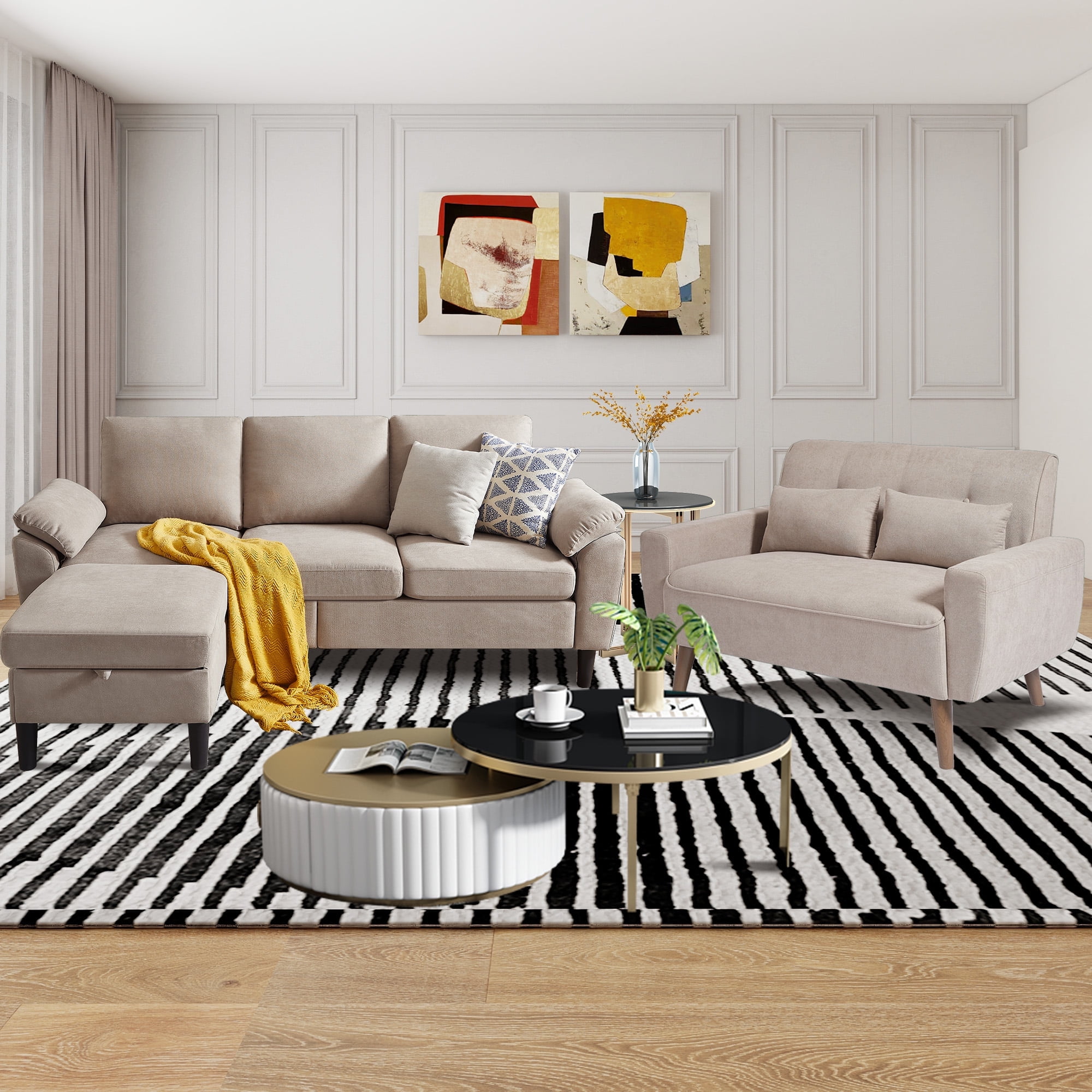 79" Convertible Sectional Sofa Set, Small L Shaped 3-Seat Couch with Reversible Chaise and Accent Chair, Modern Linen Sofas Couches for Living Room, Beige