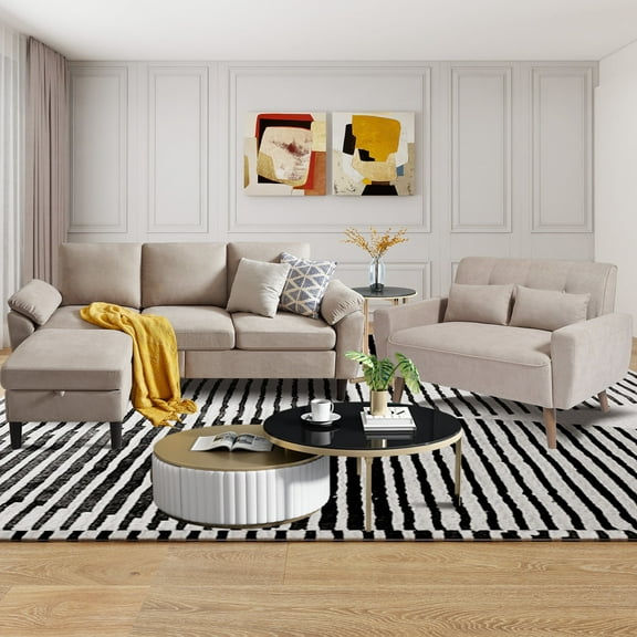 79" Convertible Sectional Sofa Set, Small L Shaped 3-Seat Couch with Reversible Chaise and Accent Chair, Modern Linen Sofas Couches for Living Room, Beige