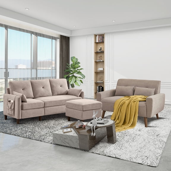 79" Convertible Sectional Sofa Set, Small L Shaped 3-Seat Couch with Reversible Chaise and Accent Chair, Modern Linen Sofas Couches for Living Room, Beige