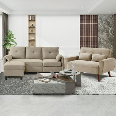 79" Convertible Sectional Sofa Set, Small L Shaped 3-Seat Couch with Reversible Chaise and Accent Chair, Modern Linen Sofas Couches for Living Room, Beige
