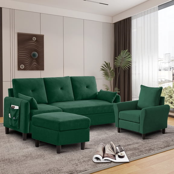 79" Convertible Sectional Sofa Set, Small L Shaped 3-Seat Couch with Reversible Chaise and Accent Chair, Modern Linen Sofas Couches for Living Room, Black