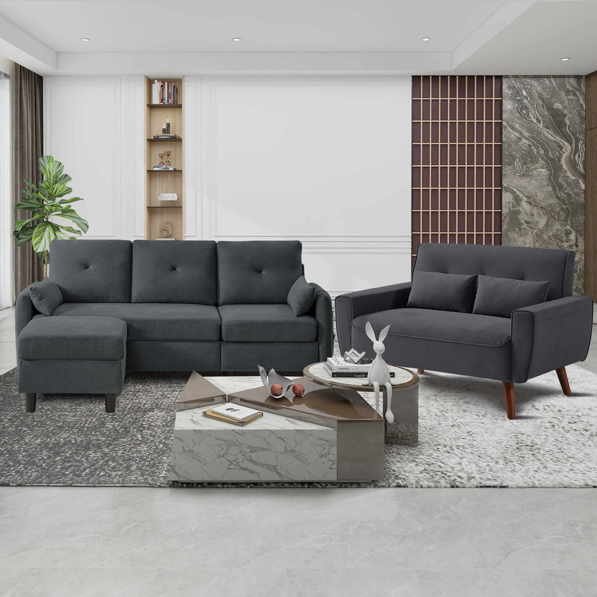 79 inch Convertible Sectional Sofa Set Small L Shaped 3 Seat Couch with Reversible Chaise and Accent Chair Modern Linen Sofas Couches for Living