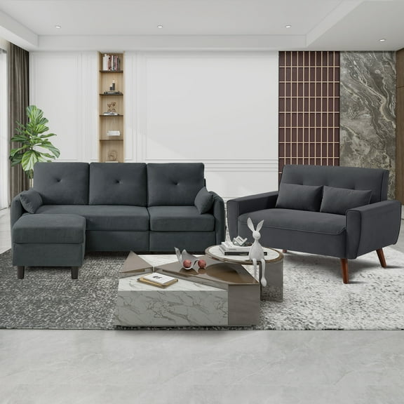 79" Convertible Sectional Sofa Set, Small L Shaped 3-Seat Couch with Reversible Chaise and Accent Chair, Modern Linen Sofas Couches for Living Room, Dark Grey