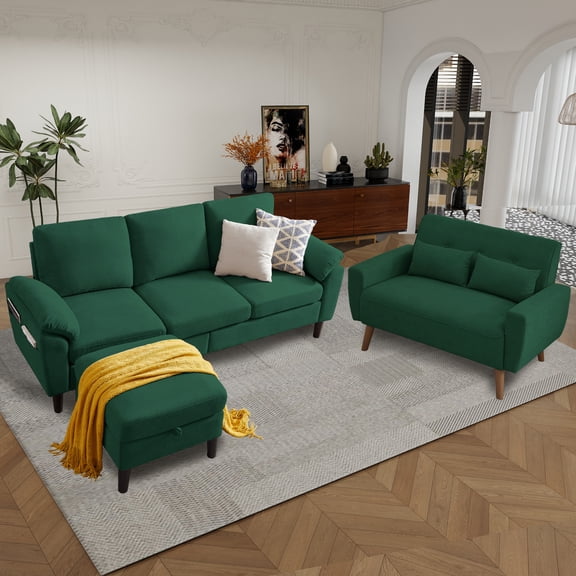 79" Convertible Sectional Sofa Set, Small L Shaped 3-Seat Couch with Reversible Chaise and Accent Chair, Modern Linen Sofas Couches for Living Room, Green