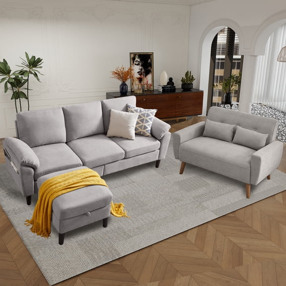 79" Convertible Sectional Sofa Set, Small L Shaped 3-Seat Couch with Reversible Chaise and Accent Chair, Modern Linen Sofas Couches for Living Room, LightGrey