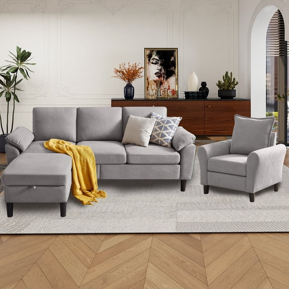 79" Convertible Sectional Sofa Set, Small L Shaped 3-Seat Couch with Reversible Chaise and Accent Chair, Modern Linen Sofas Couches for Living Room, LightGrey