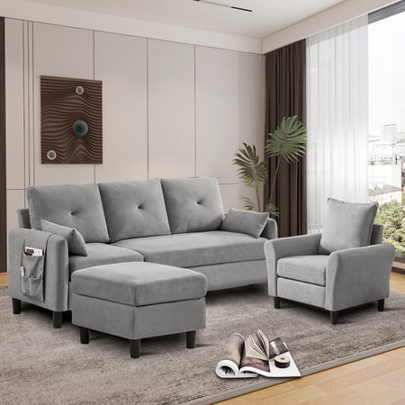 79" Convertible Sectional Sofa Set, Small L Shaped 3-Seat Couch with Reversible Chaise and Accent Chair, Modern Linen Sofas Couches for Living Room, LightGrey
