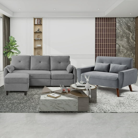 79" Convertible Sectional Sofa Set, Small L Shaped 3-Seat Couch with Reversible Chaise and Accent Chair, Modern Linen Sofas Couches for Living Room, LightGrey