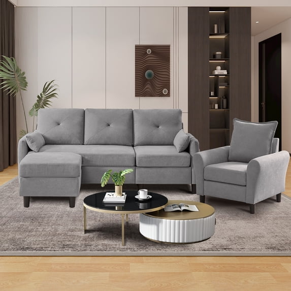 79" Convertible Sectional Sofa Set, Small L Shaped 3-Seat Couch with Reversible Chaise and Accent Chair, Modern Linen Sofas Couches for Living Room, LightGrey