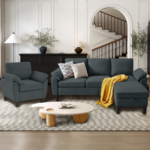 79" Convertible Sectional Sofa Set, Small L Shaped 3-Seat Couch with Reversible Chaise and Accent Chair, Modern Linen Sofas Couches for Living Room,darkGrey