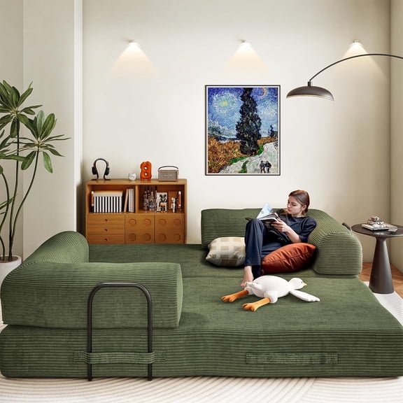 79" Convertible Sleeper Sofa Bed, Boneless Corduroy Foldable Modular Couch, Memory Foam Compressed Sofa in A Box W/Plush Fabric Comfy Floor Lounge Couch for Living Room Apartment Bedroom, Light Green