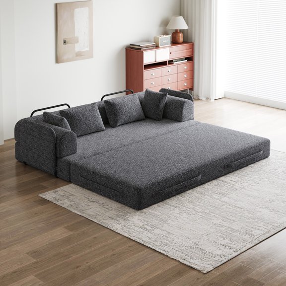 79" Convertible Sleeper Sofa Bed, Chenille Folding Mattress Couch with Side Pocket, Cylindrical Pillow and Fixed-Shape Frame, Floor Sofa Lounge Couch for Living Room, Grey