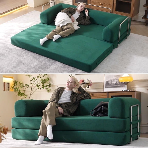 79" Convertible Sleeper Sofa Bed, Corduroy Folding Floor Couch with Cylindrical Pillow, Space-Saving Sofa-to-Bed Lounge Furniture (Green)