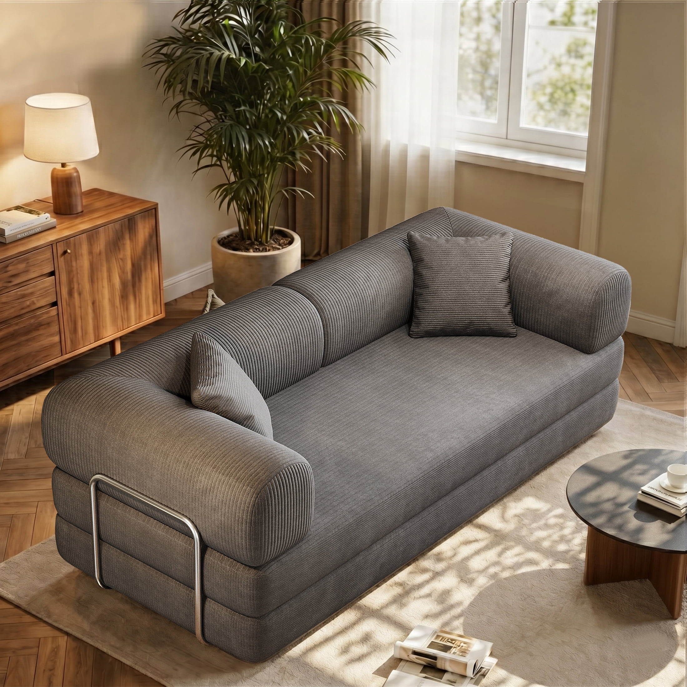 ANPPORT Convertible Sleeper Sofa Bed with Cylindrical Pillow, Corduroy Folding Mattress Couch with Fixed-Shape Frame, Floor Sofa Lounge Couch, Grey