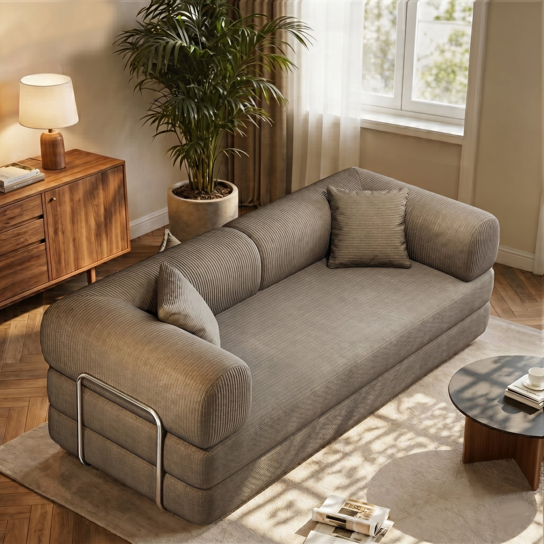 AISWORD Convertible Sleeper Sofa Bed with Cylindrical Pillow, Corduroy Folding Mattress Couch with Fixed-Shape Frame, Floor Sofa Lounge Couch, Camel
