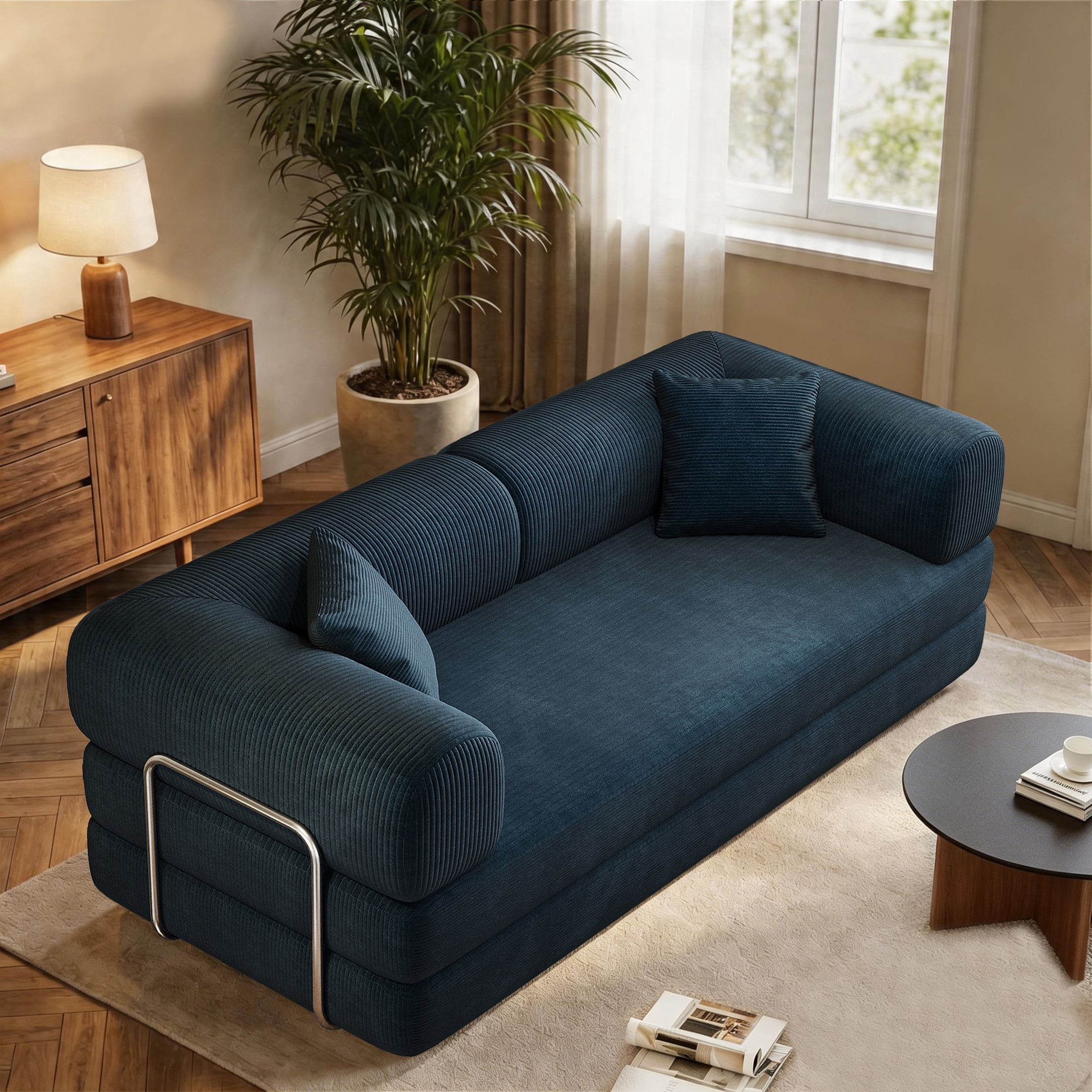 AISWORD Convertible Sleeper Sofa Bed with Cylindrical Pillow, Corduroy Folding Mattress Couch with Fixed-Shape Frame, Floor Sofa Lounge Couch, Blue