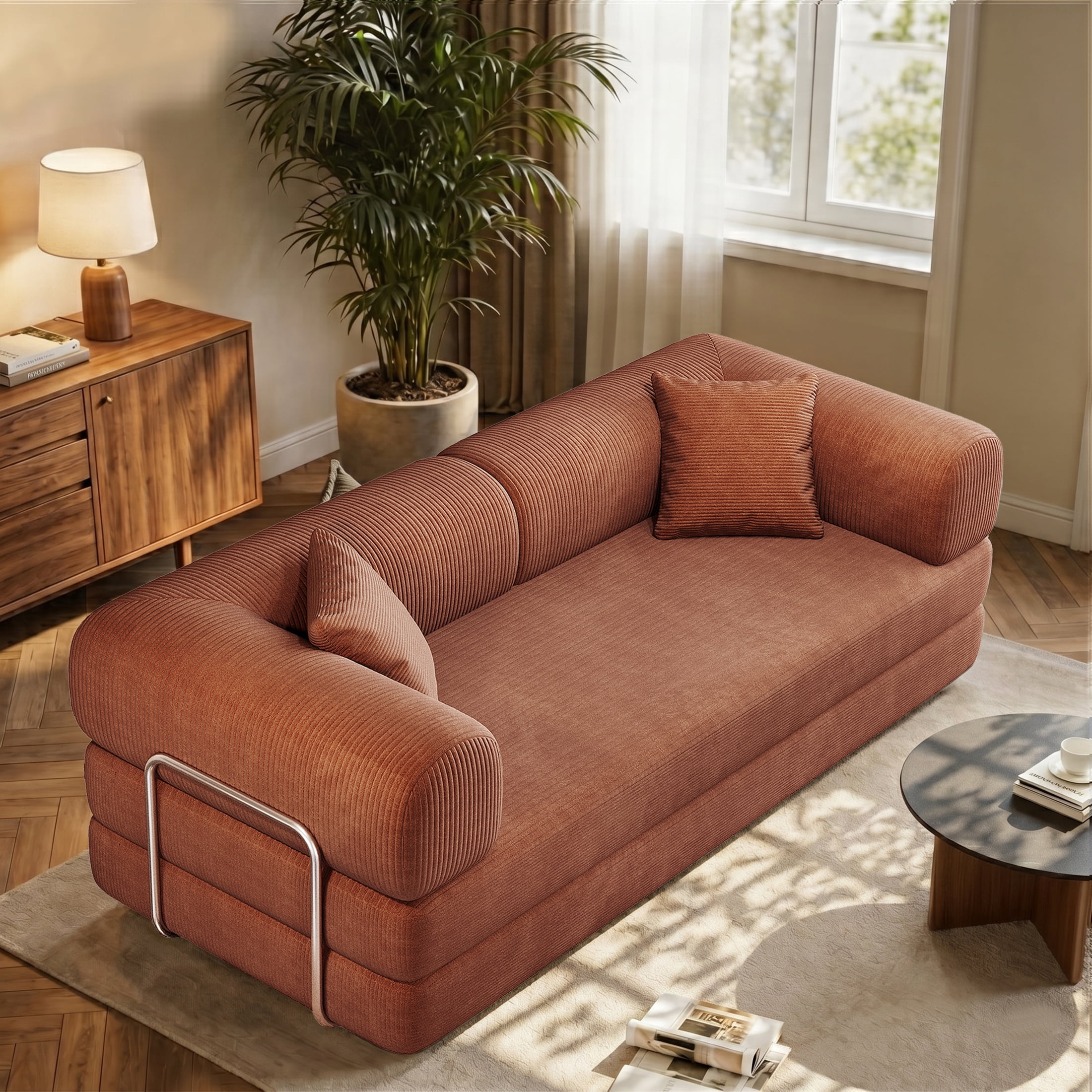 AISWORD Convertible Sleeper Sofa Bed with Cylindrical Pillow, Corduroy Folding Mattress Couch with Fixed-Shape Frame, Floor Sofa Lounge Couch, Brown