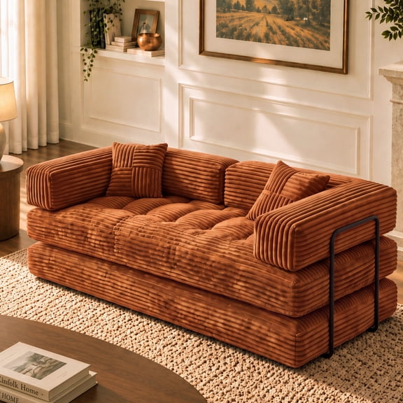 79"Convertible Sofa Bed,Boneless Corduroy Loveseat Sleeper Sofa with Memory Foam,Folding Floor Couch for Living Room,Apartment & Guest Room,No Assembly Required,Orange