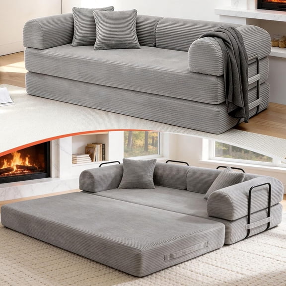 79'' Convertible Sofa Bed, Boneless Couch-in-a-Box, Corduroy Floor Futon Loveseat Sleeper, 26'' Deep Seat, Removable Machine-Wash Covers, No Assembly, 2 Pillows, Light Grey