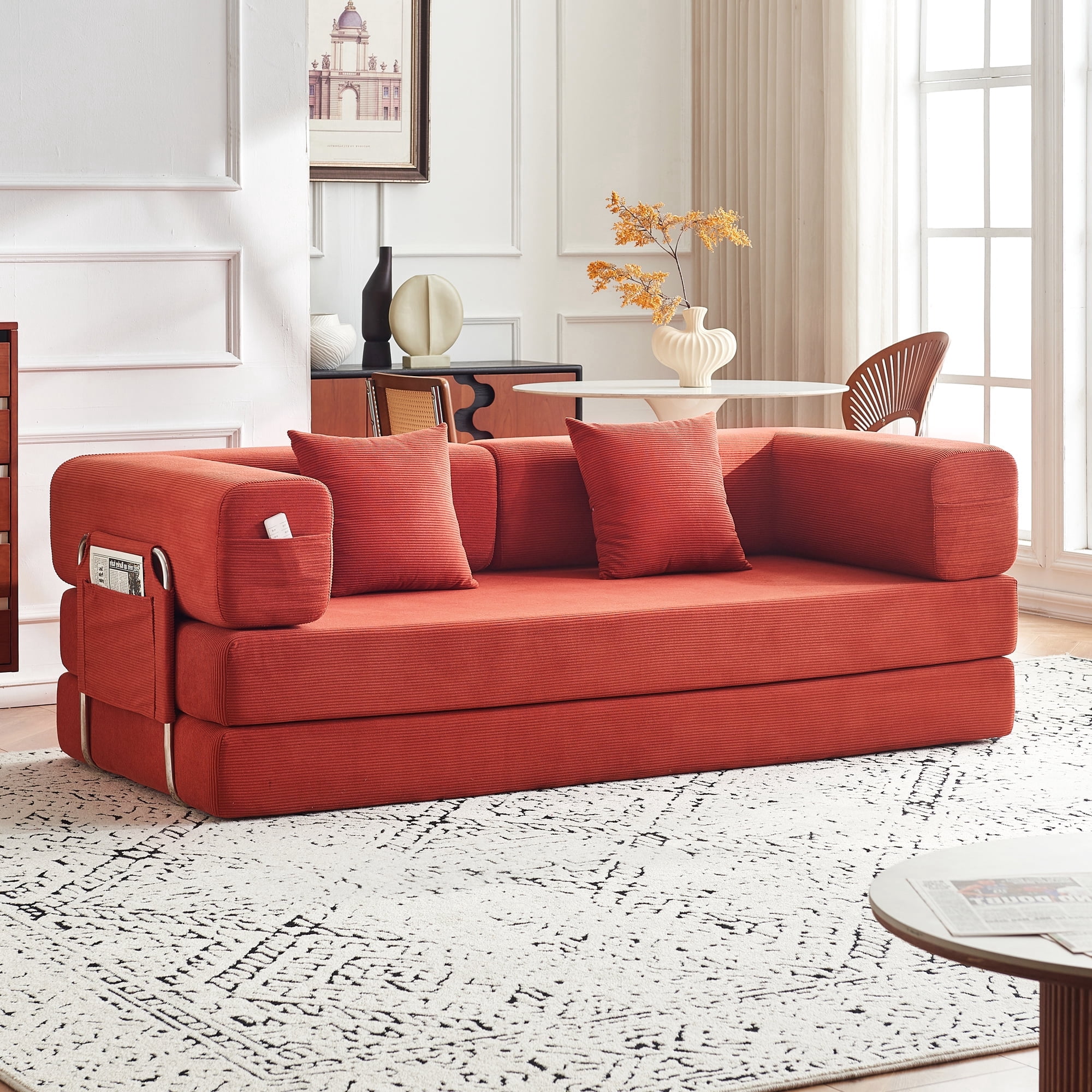 79" Convertible Sofa Bed ,CARZZI LIFE Compressed Floor Boneless Couch Modular Corduroy Sleeper Sofa, Folding Mattress Couch for Small Spaces - No Assembly Needed in Orange with Storge