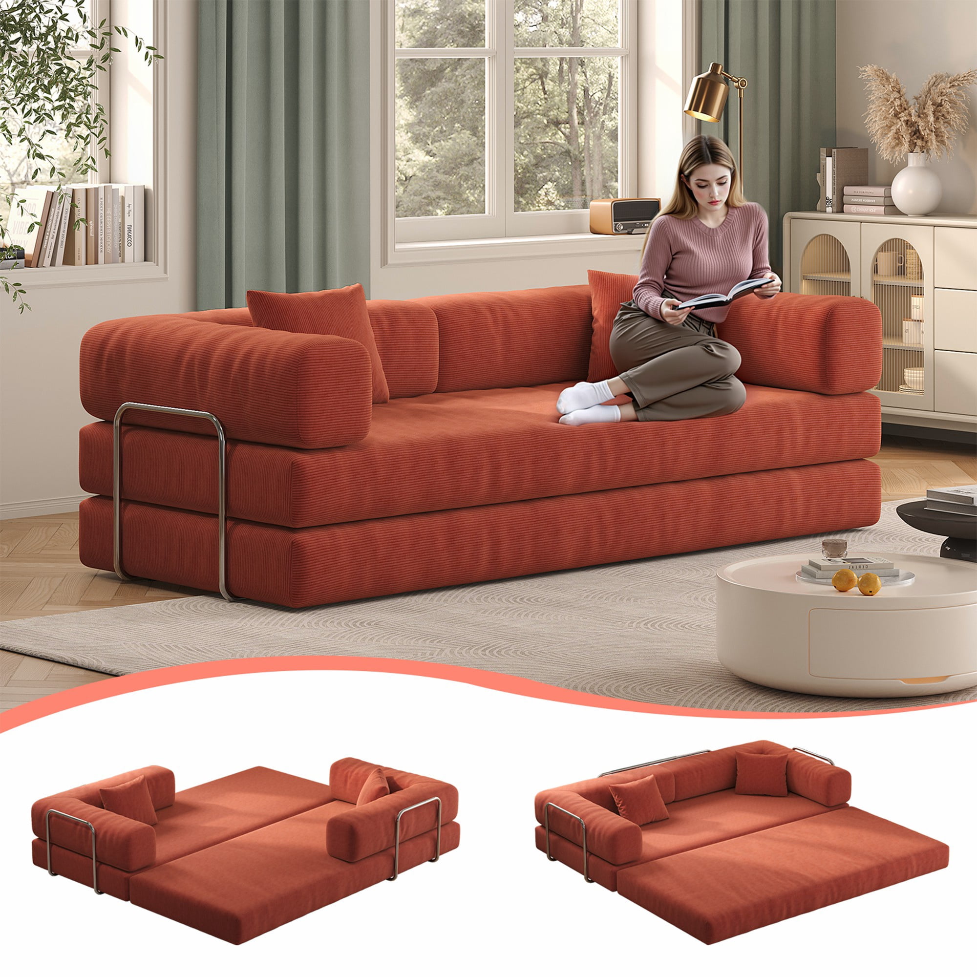 79" Convertible Sofa Bed CARZZI LIFE Compressed Floor Boneless Couch Modular Corduroy Sleeper Sofa, Folding Mattress Couch for Small Spaces - No Assembly Needed in Orange (Includes 2 Pillows)