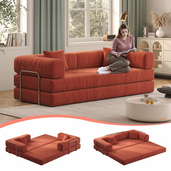 79" Convertible Sofa Bed CARZZI LIFE Compressed Floor Boneless Couch Modular Corduroy Sleeper Sofa, Folding Mattress Couch for Small Spaces - No Assembly Needed in Orange (Includes 2 Pillows)