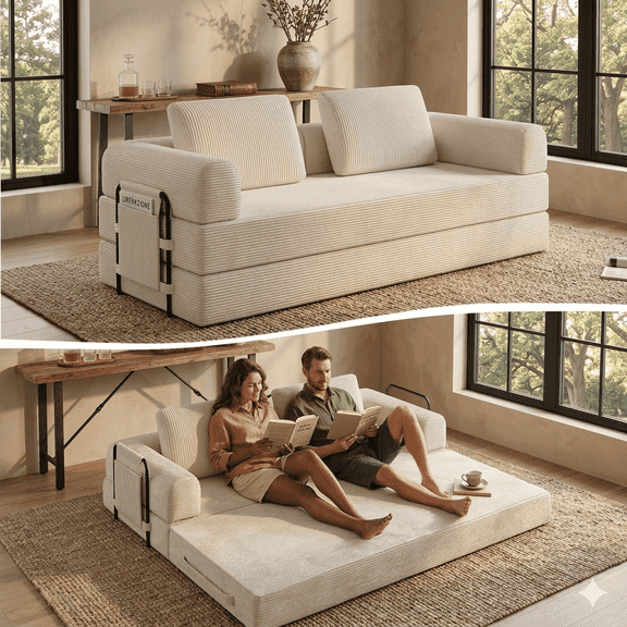 79" Convertible Sofa Bed ,CARZZI LIFE Compressed Floor Boneless Couch Modular Corduroy Sleeper Sofa, Folding Mattress Couch for Small Spaces - No Assembly Needed in Beige with Storge