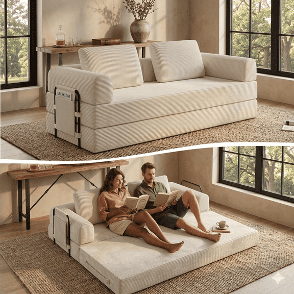 79" Convertible Sofa Bed ,CARZZI LIFE Compressed Floor Boneless Couch Modular Corduroy Sleeper Sofa, Folding Mattress Couch for Small Spaces - No Assembly Needed in Beige with Storge