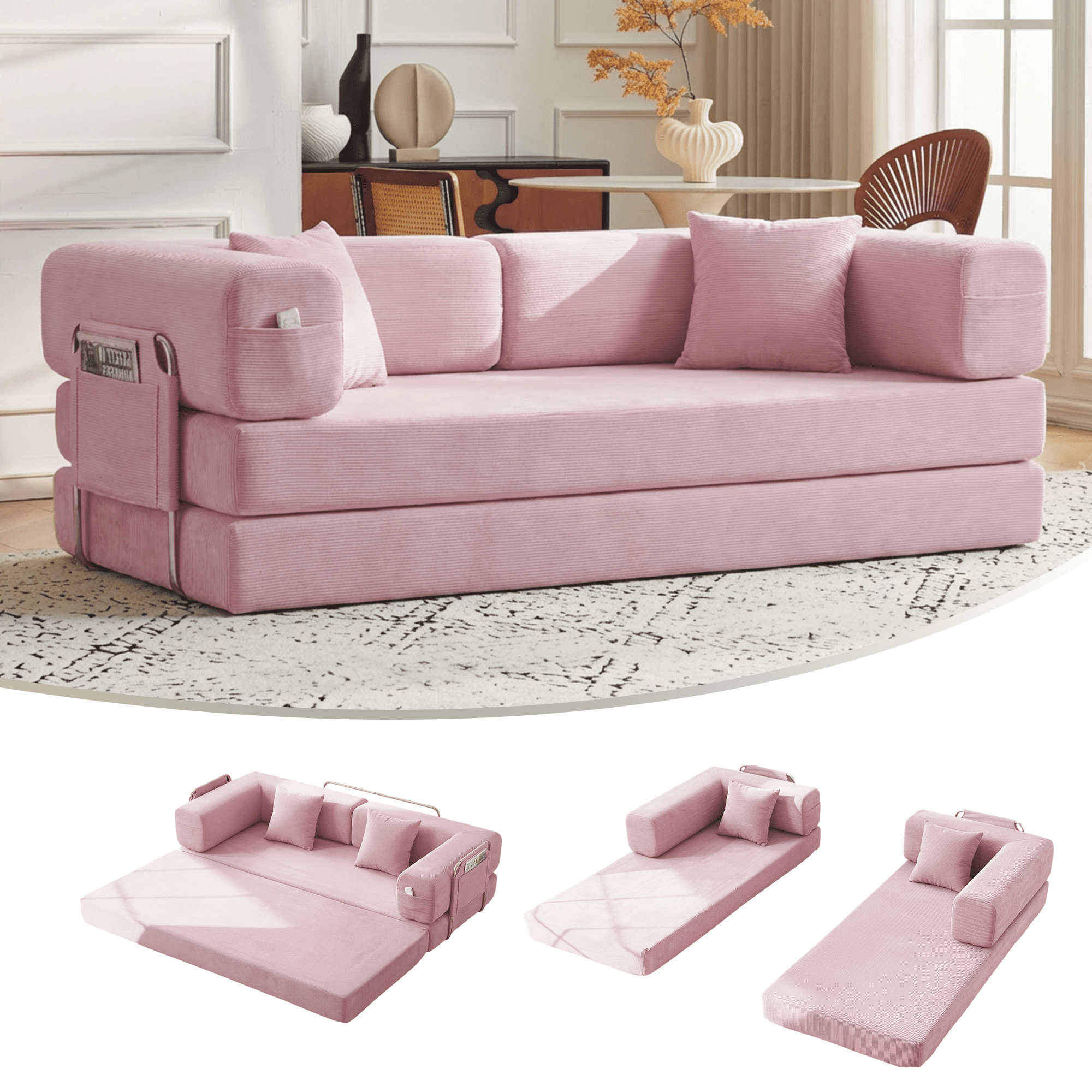 79" Convertible Sofa Bed ,CARZZI LIFE Compressed Floor Boneless Couch Modular Corduroy Sleeper Sofa, Folding Mattress Couch for Small Spaces - No Assembly Needed in Pink with Storge