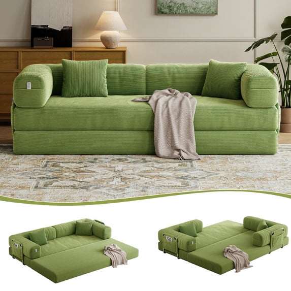79" Convertible Sofa Bed ,CARZZI LIFE Compressed Floor Boneless Couch Modular Corduroy Sleeper Sofa, Folding Mattress Couch for Small Spaces - No Assembly Needed in Little Green with Storge