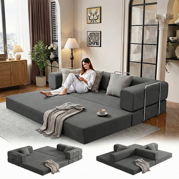 79" Convertible Sofa Bed CARZZI LIFE Compressed Floor Boneless Couch Modular Corduroy Sleeper Sofa, Folding Mattress Couch for Small Spaces - No Assembly Needed in Orange (Includes 2 Pillows)