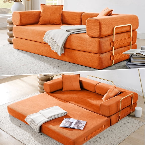 Vanress 79" Convertible Sofa Bed, Corduroy Boneless Couch Bed for Living Room, Floor Folding Sleeper Sofa Couch Bed with Gold Fixed-Shape Frame, Futon Sofa Bed Pull Out Couch, No Assembly, Orange