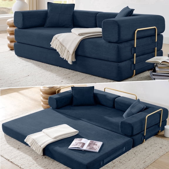 Vanress 79" Convertible Sofa Bed, Corduroy Boneless Couch Bed for Living Room, Floor Folding Sleeper Sofa Couch Bed with Gold Fixed-Shape Frame, Futon Sofa Bed Pull Out Couch, No Assembly, Blue