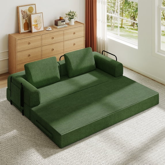 79" Convertible Sofa Bed with Fixed-Shape Frame, Modular Folding Boneless Couch with Cylindrical Pillow, Corduroy Lounge Loveseat with Pull Out Bed, No Assembly Required, Jade
