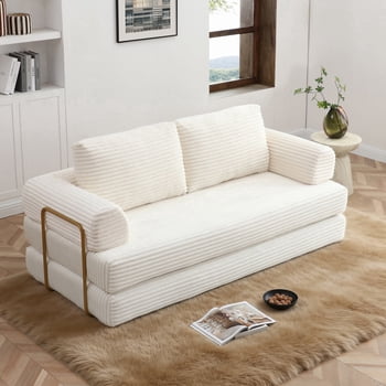 79" Folding Convertible Sofa Bed, Boneless Couch with Fixed-Shape Frame, Corduroy Loveseat Sleeper with Pull Out Bed, Floor Sofa Modular Futon Couch for Living Room Bedroom, Beige