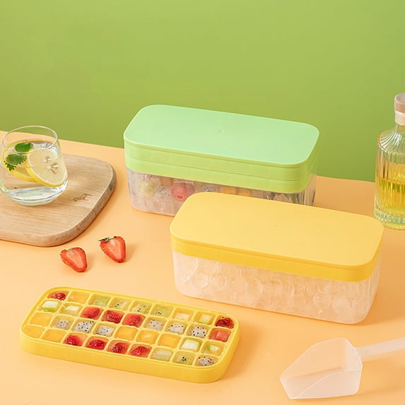 79-Cube Ice Tray Set with Lid and Bin – Stackable Food-Grade Polypropylene & ABS, Easy Release, Space-Saving Freezer Storage Container, Green/Yellow, 24x11x11cm