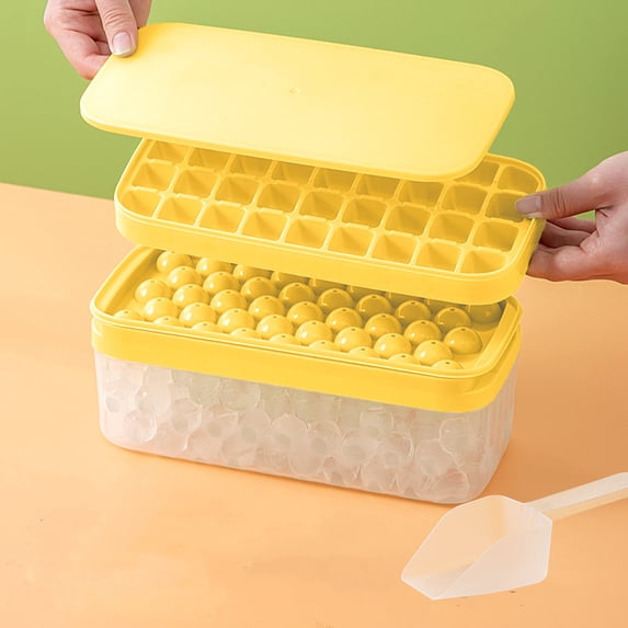 79-Cube Ice Tray Set with Lid and Bin – Stackable Food-Grade Polypropylene & ABS, Easy Release, Space-Saving Freezer Storage Container, Green/Yellow, 24x11x11cm