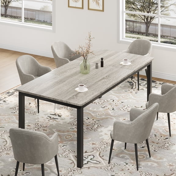 79 in Dining Table for 6, Farmhouse Wooden Kitchen Tables for Family, Rectangular Industrial Style Dining Room Table with Sturdy Metal Frame, Long Desk for Restaurant, Kitchen, Grey,1.8m